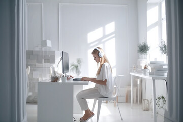 A young girl sits at a computer with headphones. Interior white