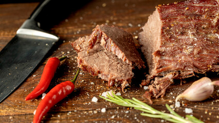 meat with spices and seasonings on the table