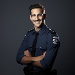 Obraz premium handsome policeman - police officer - wearing uniform in duty - arms crossed, nerdy, mustache