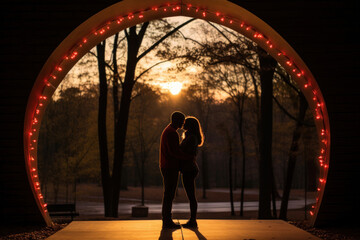 Couple before kiss, romantic moment under arch with twinkling lights, evening atmosphere