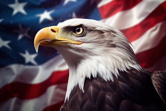 Bald Eagle over the flag of United States of America. Ai Generative