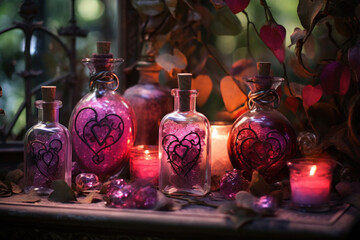 Obraz na płótnie Canvas Love potion bottles with heart labels, mystical and romantic setting