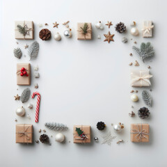 Christmas presents and decorations forming a rectangular border, festive framing for text. ai generative