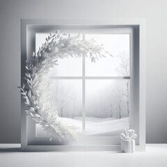 minimalistic scene of a snowy window frame with a wreath, showcasing a snowy outdoor view. ai generative
