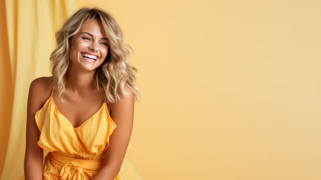 Blonde woman model wear a yellow sundress isolated on pastel background