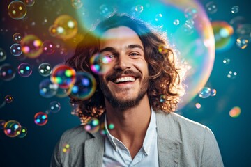 happy smiling man on colorful background with rainbow soap balloon with gradient