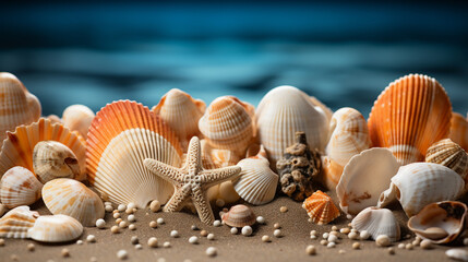 Fototapeta na wymiar seashells on the beach HD 8K wallpaper Stock Photographic Image