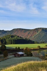 Fototapeta na wymiar Hütte in den Bergen Nähe Mariazell im Herbst, vertikal