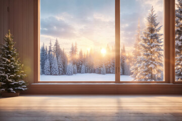 Empty room with wooden floor and window with winter landscape. ai generative