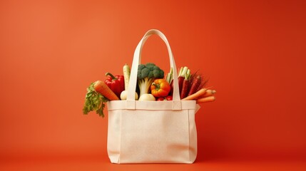 Cloth shopping bag with vegetables and legumes isolated on orange background, Generative AI - obrazy, fototapety, plakaty