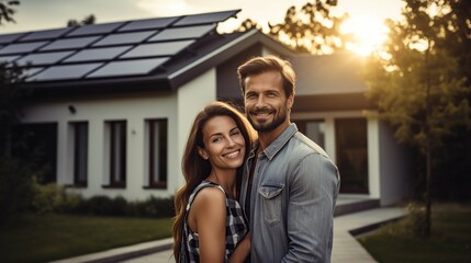 Couple in the house with solar panels. Happy caucasian couple standing on front of a house with solar panels. Smiling couple standing in the driveway of a large house.  - Powered by Adobe