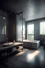 Bauhaus style interior of bathroom in modern house.