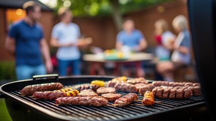 Barbecue on the grill seen up close and people in the blurred background, Generative AI