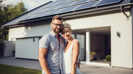 Obraz premium Couple in the house with solar panels. Happy caucasian couple standing on front of a house with solar panels. Smiling couple standing in the driveway of a large house. 