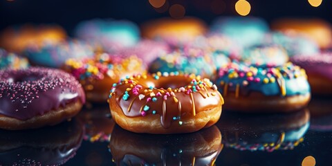Colorful donuts seen close up on blurred background in bokeh style, Generative AI - obrazy, fototapety, plakaty
