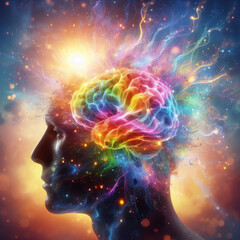 Rainbow human brain explosion, world mental health day. ai generative