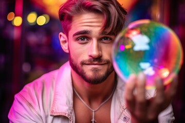 Naklejka premium happy man on colorful background with rainbow soap balloon with gradient