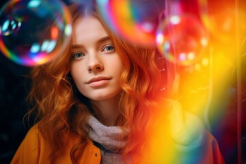 Fototapeta premium happy woman on colorful background with rainbow soap balloon with gradient