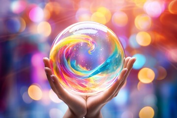 hands holding a cute rainbow balloon on a colorful gradient background and lights with sun rays