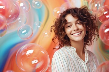 happy smiling woman on colorful background with rainbow soap balloon with gradient