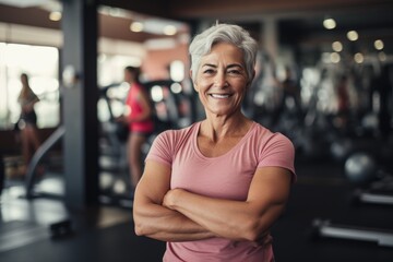 Fototapeta premium Elderly woman with arms crossed in gym. Middle-aged woman in gym, Generative AI 