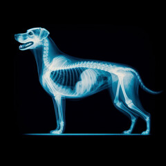 X-ray of a dog full body blue tone radiograph on a black background. ai generative