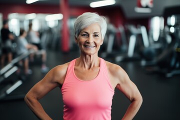Fototapeta premium Smiling middle-aged woman in workout clothes at the gym, elderly woman with short hair with fit body in the gym, Generative AI