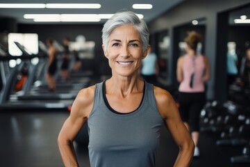 Fototapeta premium Smiling middle-aged woman in workout clothes at the gym, elderly woman with short hair with fit body in the gym, Generative AI