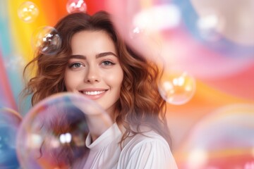 happy smiling woman on colorful background with rainbow soap balloon with gradient