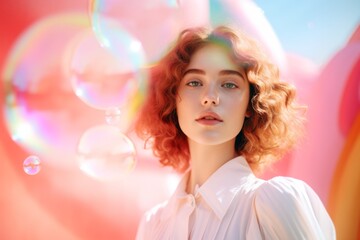 happy woman on colorful background with rainbow soap balloon with gradient