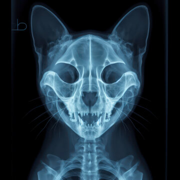 X-ray of a cat skull blue tone radiograph on a black background. ai generative