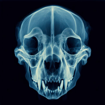 X-ray of a dog skull blue tone radiograph on a black background. ai generative