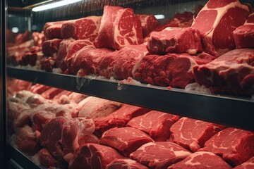Red meat cuts in glass display case at butcher shop, Generative AI