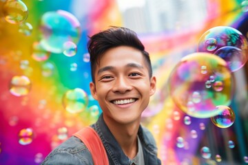 Fototapeta premium happy smiling asian man on colorful background with rainbow soap balloon with gradient