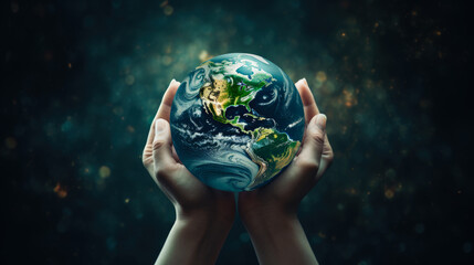 Close up of human hands holding glowing green planet. Earth day concept. - obrazy, fototapety, plakaty