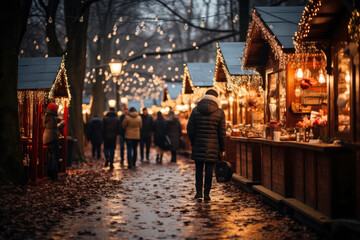 Fototapeta na wymiar Christmas market at night street and holiday lights. Christmas shopping.