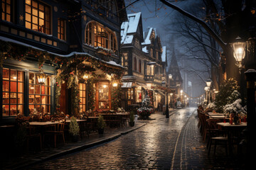 Fototapeta premium Christmas market at night street and holiday lights. Christmas shopping.