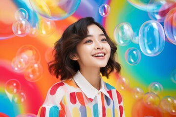 happy smiling asian woman on colorful background with rainbow soap balloon with gradient
