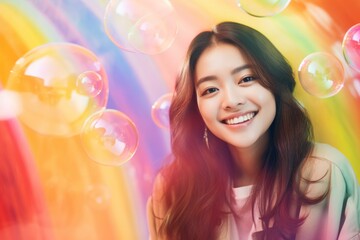 happy smiling asian woman on colorful background with rainbow soap balloon with gradient