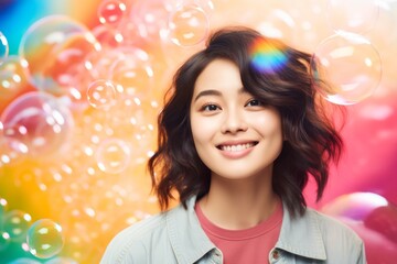 Fototapeta premium happy smiling asian woman on colorful background with rainbow soap balloon with gradient