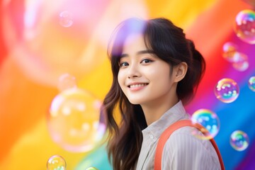 Fototapeta premium happy smiling asian woman on colorful background with rainbow soap balloon with gradient