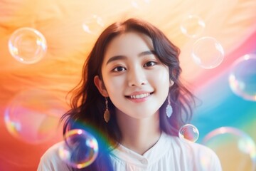 happy smiling asian woman on colorful background with rainbow soap balloon with gradient