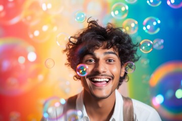 happy smiling indian man on colorful background with rainbow soap balloon with gradient