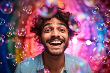 happy smiling indian man on colorful background with rainbow soap balloon with gradient