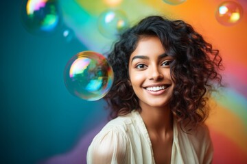happy smiling indian woman on colorful background with rainbow soap balloon with gradient