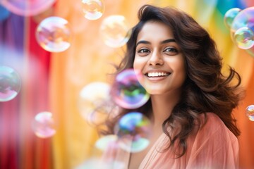 Fototapeta premium happy smiling indian woman on colorful background with rainbow soap balloon with gradient