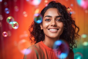 happy smiling indian woman on colorful background with rainbow soap balloon with gradient