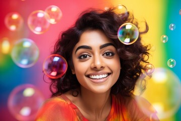 happy smiling indian woman on colorful background with rainbow soap balloon with gradient