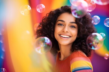 happy smiling indian woman on colorful background with rainbow soap balloon with gradient