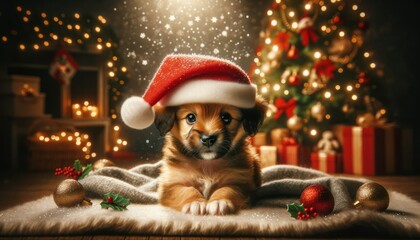Adorable puppy in Santa hat amidst Christmas decor.
